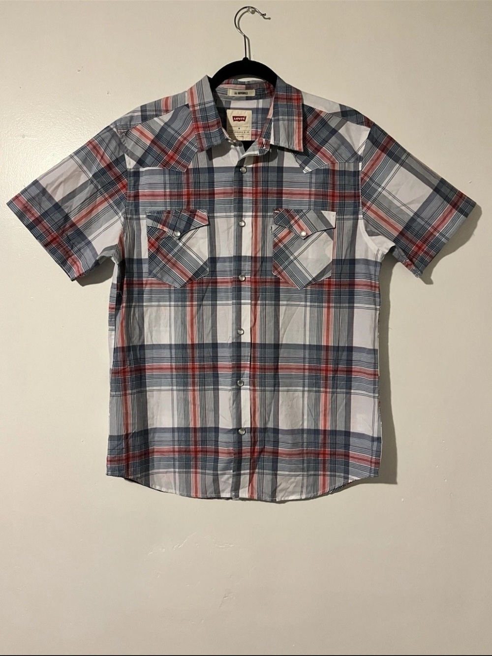 Levi's Men's Short-Sleeve Plaid Peal Snap Shirt - White/Blue/Red